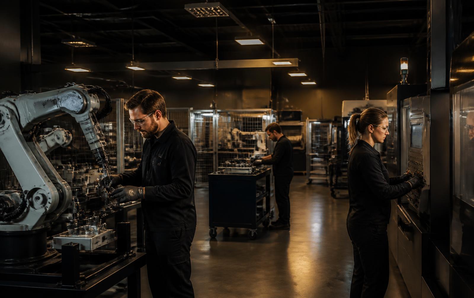Technicians working alongside robotic equipment on a manufacturing floor