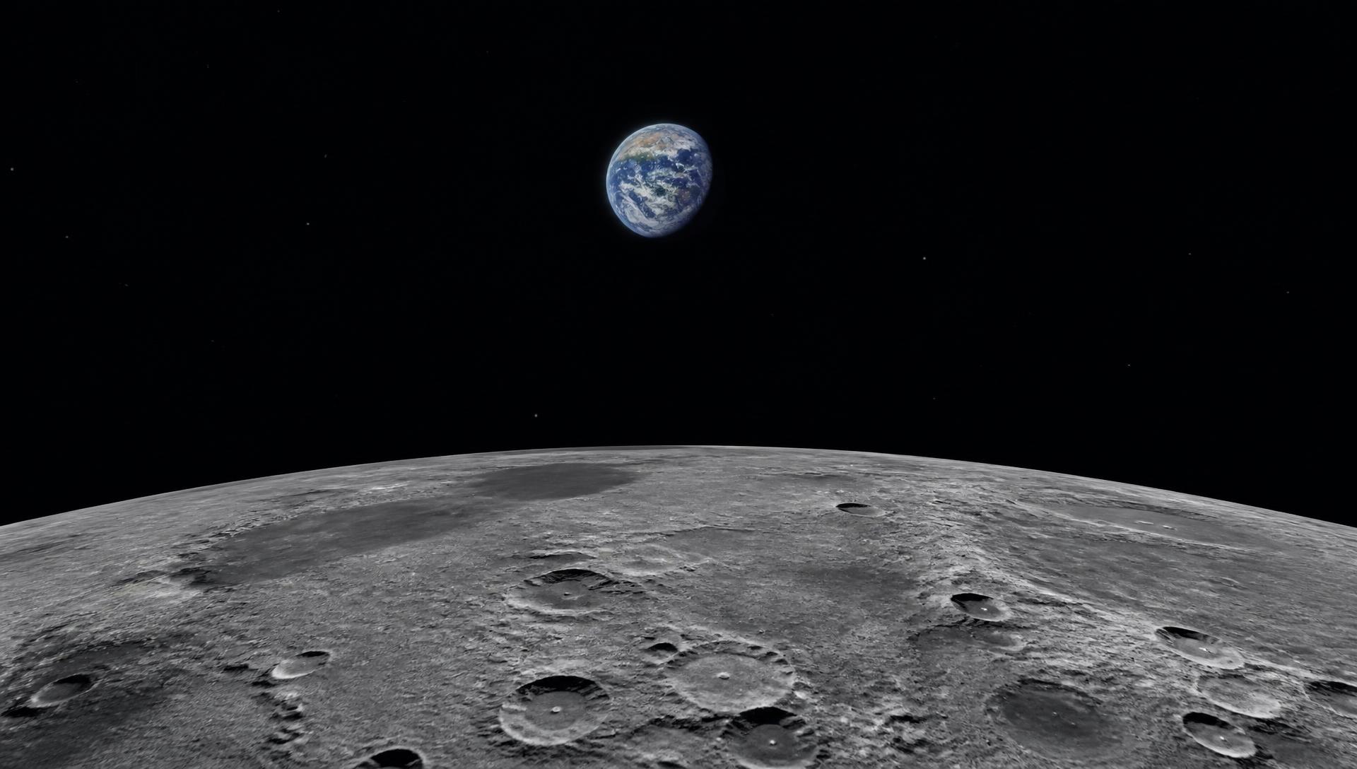 The lunar surface in the foreground with Earth distant in black space