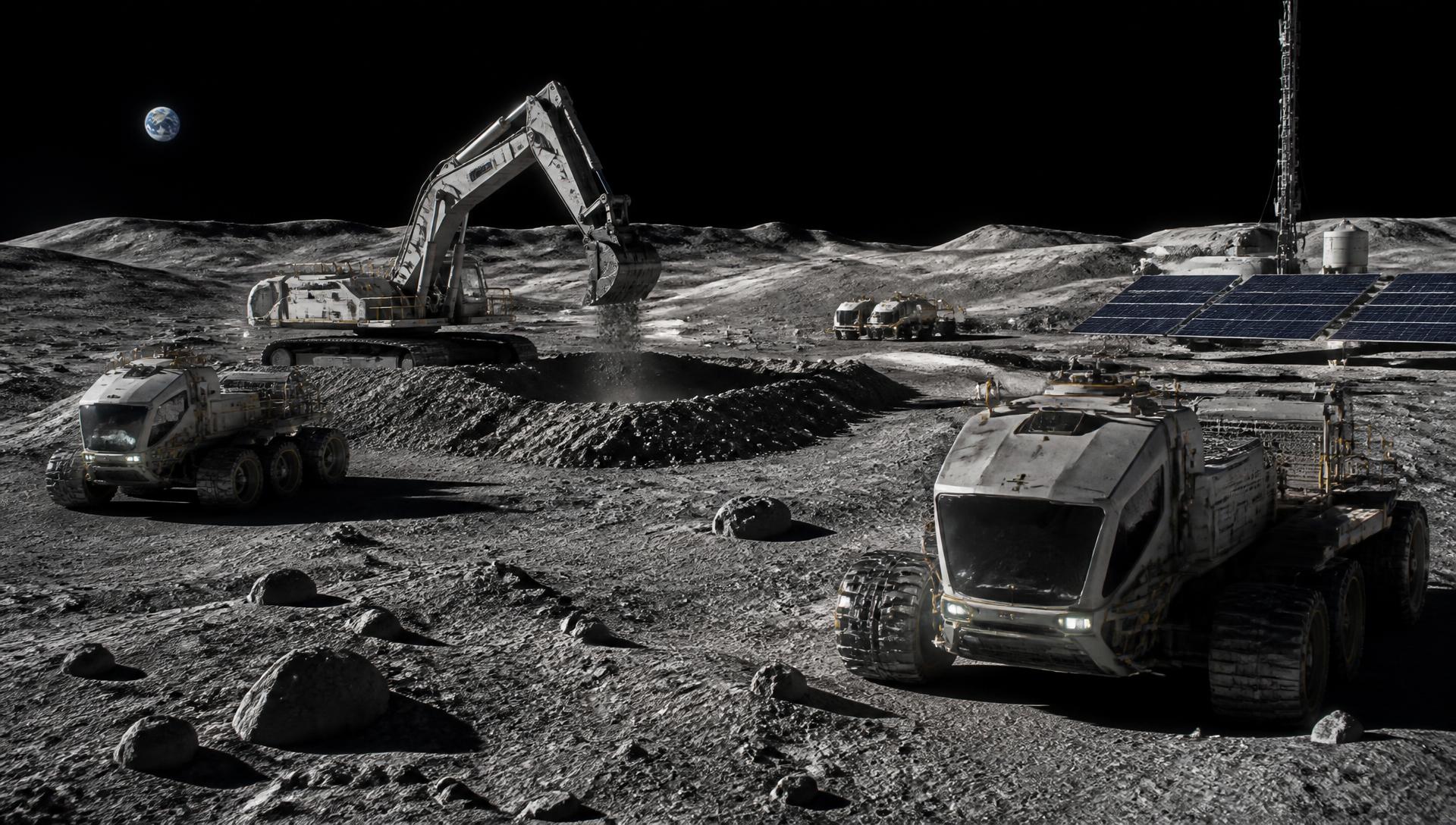 Autonomous mining and robotic construction machinery working on the lunar surface beside solar arrays